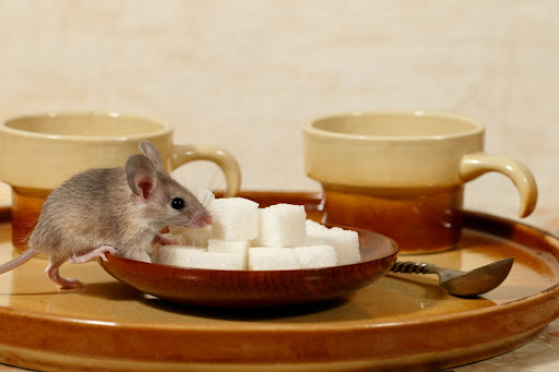 A mouse looking at a bowl of sugar cubes.